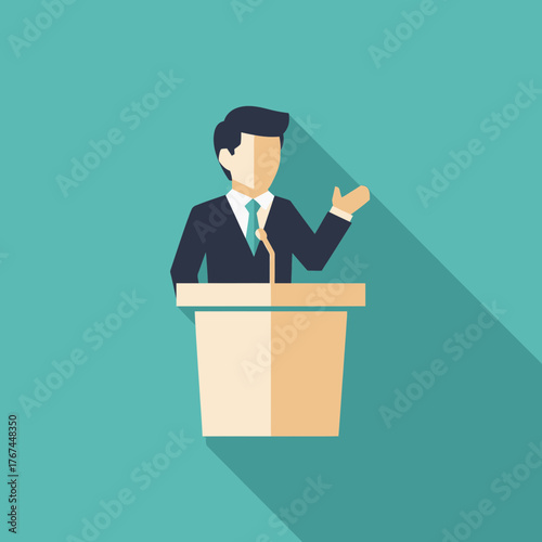 Illustration of a man giving a speech at a podium.