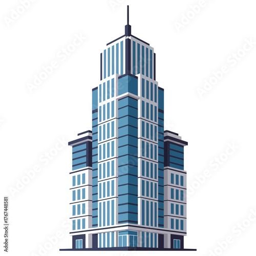 Illustration of a tall skyscraper with blue glass windows and a spire.