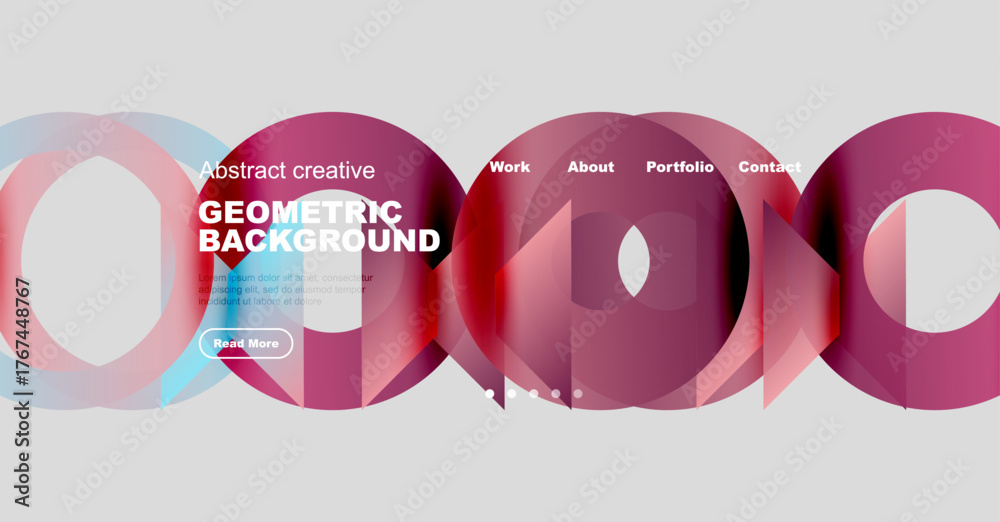 Fototapeta premium Abstract geometric background features colorful overlapping circles, text elements, navigation menu. Modern design, vibrant colors, creative layout.