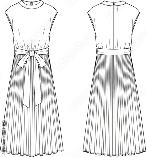 Women’s pleated dress fashion illustration, technical flat sketch, front and back view, round neckline, cap sleeves, sash bow waist, midi length