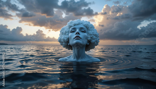 Ethereal sculpture of a woman emerging from calm waters, surrounded by dramatic clouds at sunset, symbolizing beauty, serenity, and the connection between nature and art