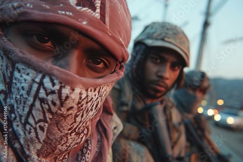 Mexican cartel members gathered in urban setting at dusk ready for criminal operations