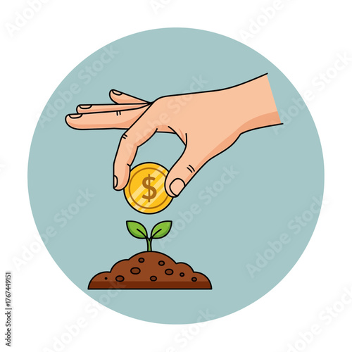 Hand placing a gold coin on a small plant growing from soil.
