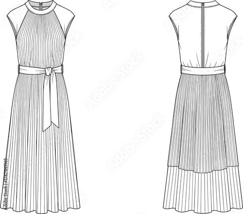 Women’s pleated midi dress fashion illustration, technical flat sketch, front and back view, sleeveless design, high neckline, sash belt, fitted bodice