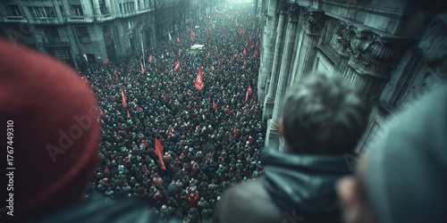 Rally of ultra right nationalists with aggressive supporters and symbols viewed from above