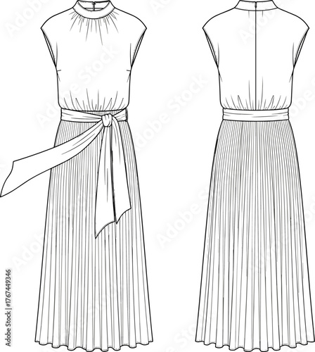 Women’s pleated maxi dress fashion illustration, technical flat sketch, front and back view, high neckline, sash belt, sleeveless design, elegant silhouette