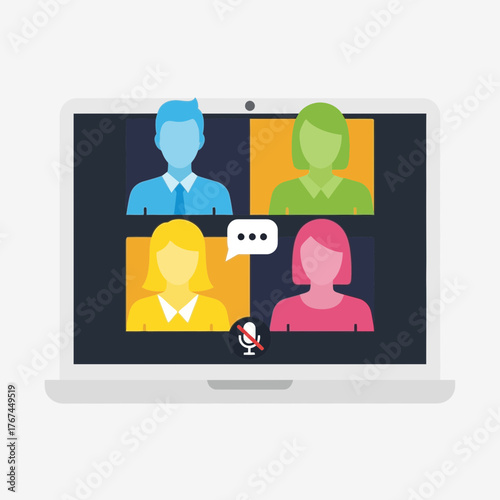 Laptop screen displaying a video conference with four participants and a muted microphone icon.