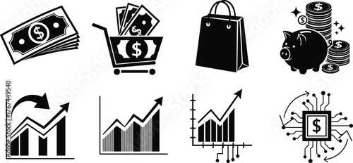 Money finance shopping icons, digital economy vector set, growth charts, savings piggy bank, shopping cart and data analytics illustration.