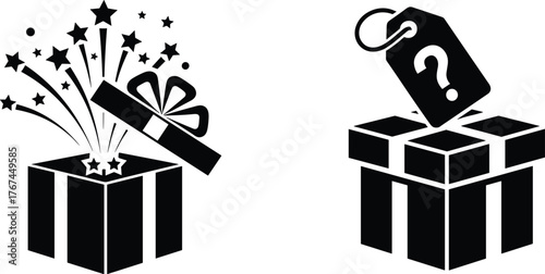 Mystery gift box vector, surprise package icon, celebration present silhouette, question mark gift design, festive surprise illustration, open present graphic, holiday mystery box art.