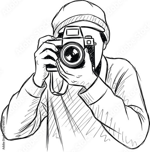 Photographer taking picture with camera, creative photography illustration, professional artist drawing, retro photo style, artistic man shooting concept, sketch design