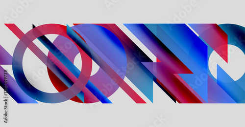 Abstract geometric composition. Vivid colors blend, creating dynamic shapes. Lines intersect, forming complex visual patterns. Modern design.