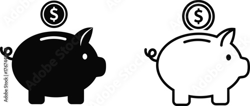 Piggy bank icon, savings money symbol, finance coin deposit, investment fund, economy wealth, budget, banking, financial growth, currency, cash.