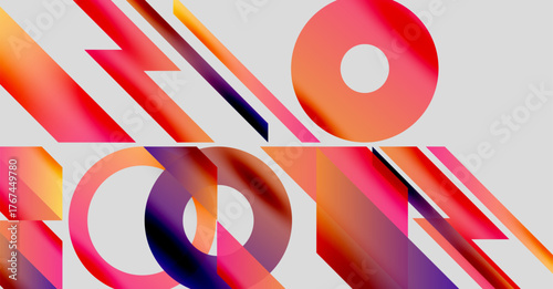 Abstract geometric shapes, vibrant colors, dynamic composition. Gradients create depth, modern design elements present.