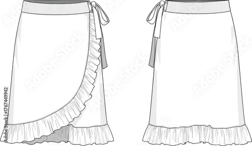 Women’s wrap skirt fashion illustration, technical flat sketch, front and back view, ruffle hem, tie closure, asymmetrical and symmetrical design drawing