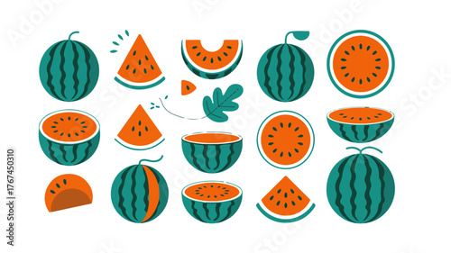 Set of watermelon illustrations in a modern flat design style Collection of bright and colorful summer fruit graphics including slices and whole watermelons