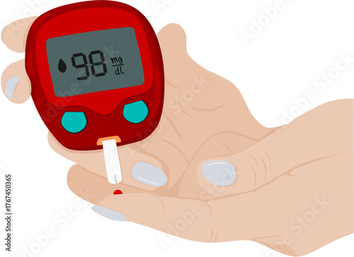 Patient measuring blood glucose level with portable glucometer device