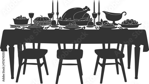 Vector Silhouette of Thanksgiving Dinner Table Setting with Holiday Feast