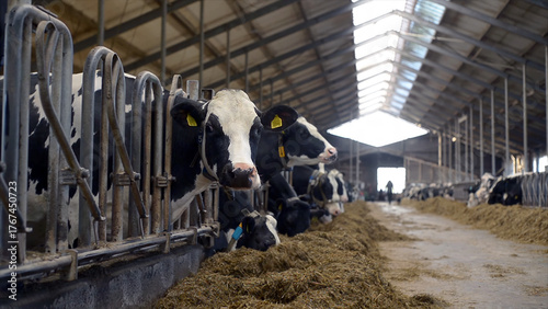 Wide view of dairy cows eating hay inside modern livestock barn. Industrial agriculture and milk production on commercial dairy farm.