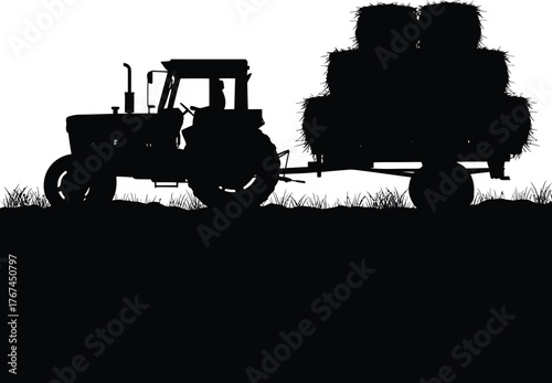 Silhouette of Tractor with Hay Bale Trailer on Farm Field Countryside Transport