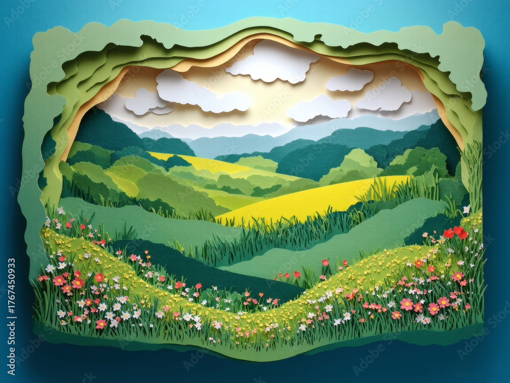 custom made wallpaper toronto digitalBeautiful layered paper art showcasing a serene landscape with rolling hills, trees, and flowers in vibrant colors . Generative AI