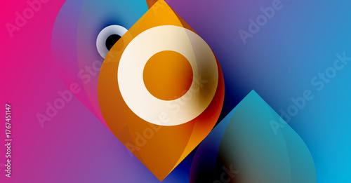 Abstract shapes overlap, creating vibrant color gradients. Orange focal point draws eye, with pink, blue hues surrounding it. Modern design.