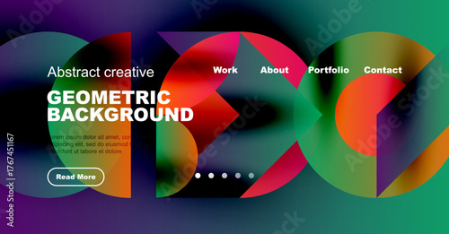 Vibrant abstract design features geometric shapes, text overlays, navigation menu. Modern aesthetic suitable website header or banner.