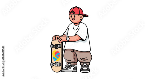 Cartoon character stands confidently holding a skateboard with unique graphic design