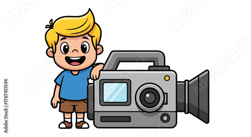 Joyful cartoon boy with blond hair posing with a vintage film camera illustration