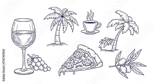 Mediterranean summer cuisine and vacation elements concept with traditional meal items