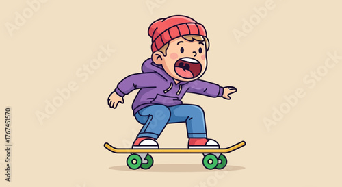 Enthusiastic young skateboarder cartoon, navigating a fun ride with joyful expression and beanie