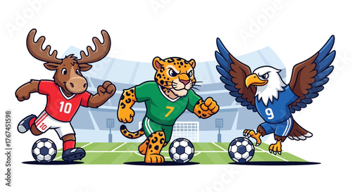 A lively cartoon illustration showcasing a spirited soccer match with animal mascots in a stadium