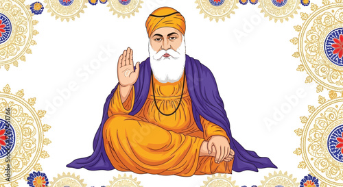 Guru Nanak Dev Ji illustration featuring intricate mandala designs and vibrant color palette