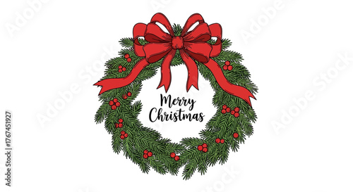 Festive hand drawn christmas wreath with red bow and berries illustration for festive season