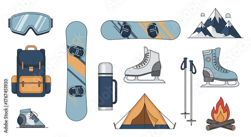 A collection of winter sports equipment and camping gear, including snowboards, ice skates, a tent, and a backpack.