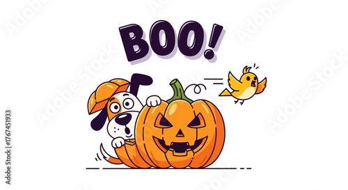 Whimsical Halloween Illustration Featuring a Playful Dog Pumpkin and Startled Bird Cartoon
