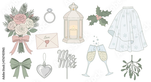 Wedding themed illustration with bouquet, ring, lantern, holly, skirt, letter, ornament, cake topper, champagne, bow, mistletoe.