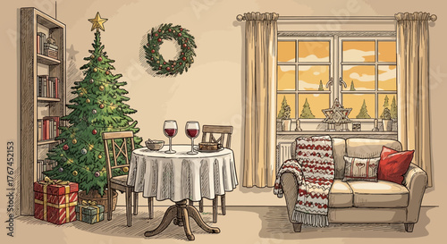 Festive christmas themed living room sketch illustration with wine and gifts near the tree