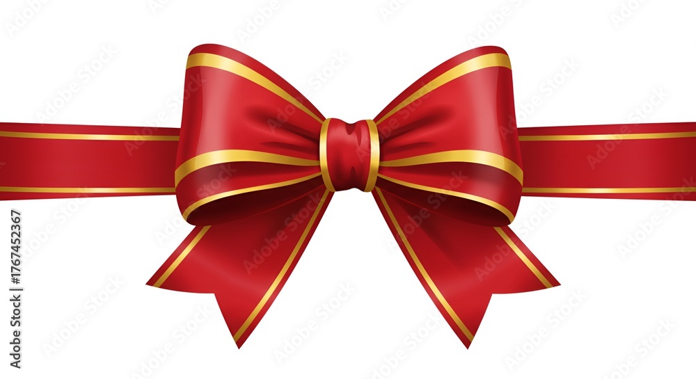 Fototapeta premium Elegant red ribbon bow with gold trim, digitally rendered on a clean white background.