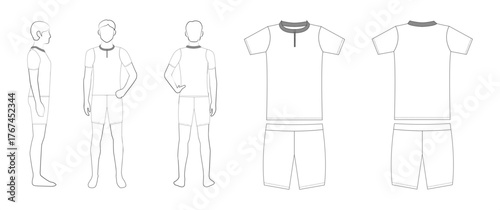 メンズ陸上ユニフォームのテンプレート（半袖・レーシングシャツ・ハーフスパッツ・前・後・横・平面図）Men's Track and Field Uniform Template – Short-Sleeve Racing Shirt with Half Tights, Front, Back, Side & Flat Views
