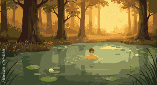 A lone man finds tranquility while swimming in a secluded forest pond illuminated by the warm glow of a beautiful sunrise