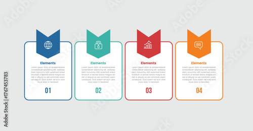 4 elements infographic comparison diagram with vertical box container with arrow badge on top with 4 step for slide presentation