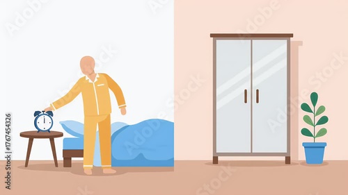 Early morning: Man in pajamas turns off alarm clock next to bed, bedroom scene. Daily routine concept.