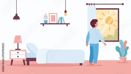 Awakening to a Sunny Day: Cartoon Man in Bedroom Looking Out Window. New Day, Fresh Start Concept.