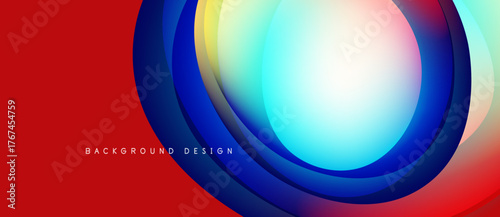 Abstract vibrant layers create dynamic visual effect. Red background contrasts circular glowing shapes, modern design element.