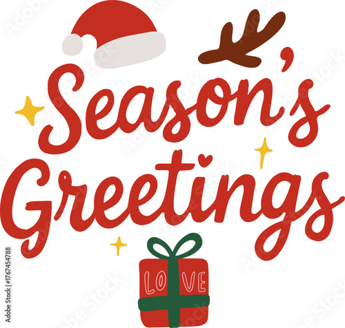 Season’s Greetings Lettering with Gift Box and Santa Hat Illustration