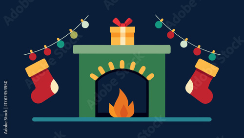 A christmas fireplace with stockings lights and a present on top