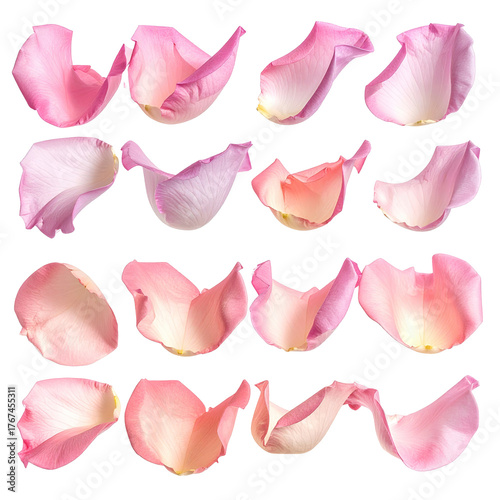 Sixteen detached rose petals, varying shades of pink, floating against a stark black background