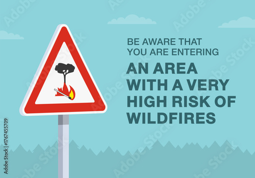 Safe driving tips and traffic regulation rules. Close-up of european "extreme risk of fire" sign meaning. Entering an area with high risk of wildfires. Flat vector illustration template.