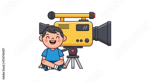 Enthusiastic boy sitting next to a professional film camera ready to record creative stories