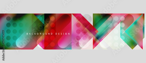 Abstract geometric shapes, vibrant colors, modern design. Overlapping elements create dynamic visual texture. Background features gradients, circles, triangles.
